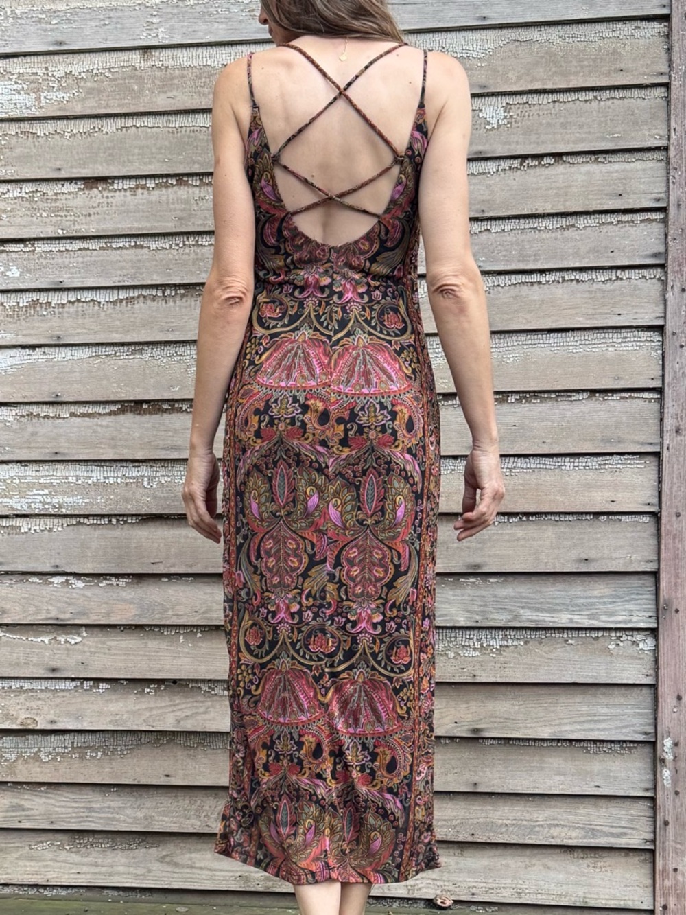 90s Vintage Paisley Maxi Dress Crisscross Back - Mesh  dress open strappy back - Picture 5 of 13